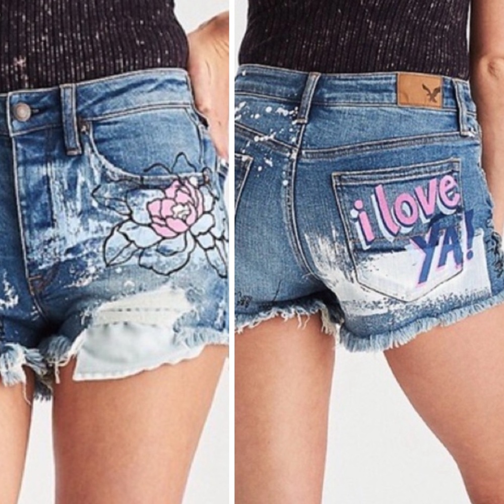 American EagleVintage Hi-Rise Festival Distressed Graphic Stretch Shorts